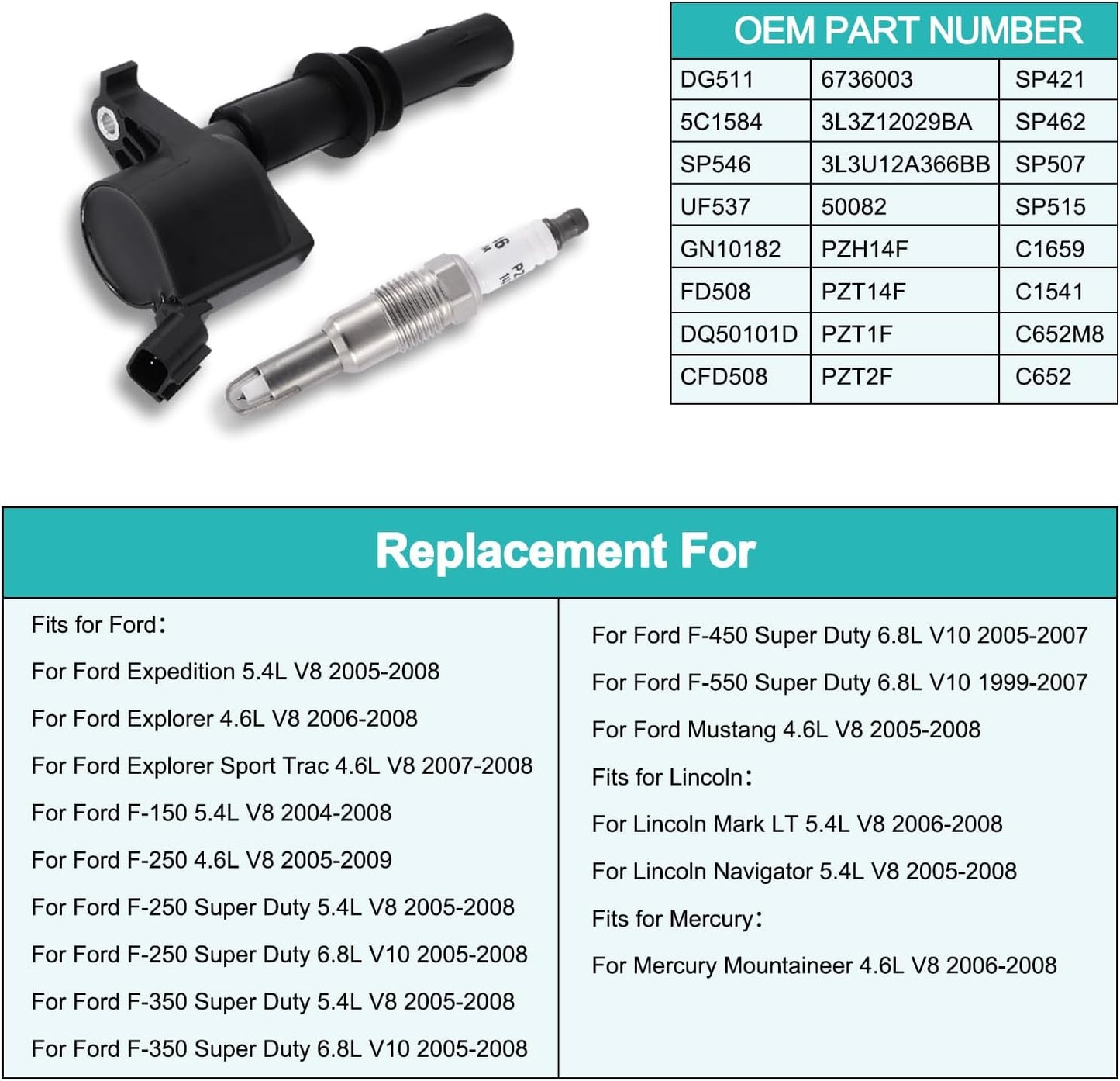 Set of 8 DG511/5C1584 Ignition Coil Pack SP546 Spark Plugs For Ford Expedition Explorer F150 F250 F350 Super Duty F450 F550 Mustang,Lincoln Mark Navigator,Mercury Mountaineer 4.6L 5.4L 6.8L V8