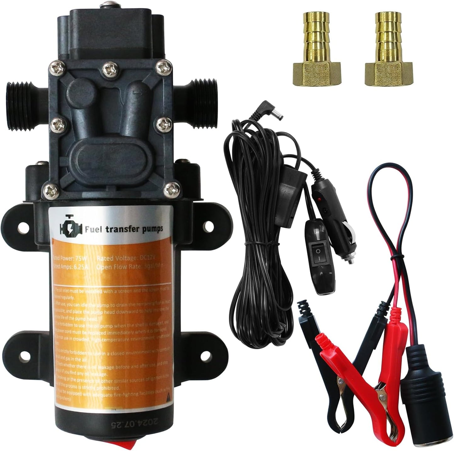 12V 75W Fuel Transfer Pump Kit, Moves Up to 110 Gallons Of Gas or Diesel Per Hour, with High Elastic Fuel Pipe & 2 Power Cables, Great for Vehicles, Boats, Equipment, Gasoline, Diesel