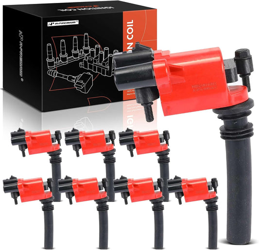 A-Premium (Red) Engine Ignition Coil Pack Compatible with Jeep Grand Cherokee 2005 & Dodge Ram 1500 2500 3500 2003-2005, Durango 2004-2005, Magnum 2005 & Chrysler 300 2005, 5.7L, 8-PC Set