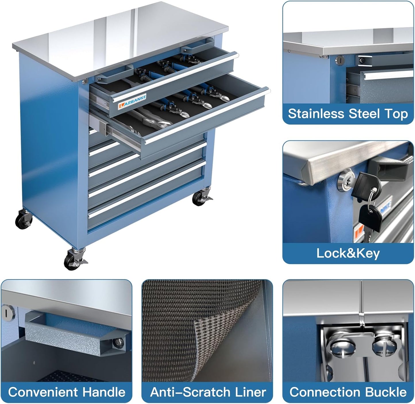 7-Drawer Rolling Tool Chest with 360°Wheels and Padded Feet,Tool Chest with Stainless Steel Countertop,Tool Cabinet with Secure Locking System,for Home, Garage and Office