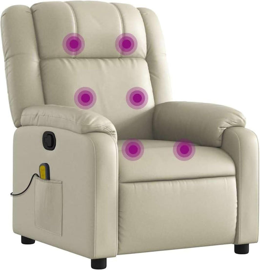 vidaXL Massage Recliner Chair for Living Room, Adjustable Recliner with 6-Point Vibration Massage, Home Theater Seating with Padded Seat Backrest & Side Pocket, Cream Leather