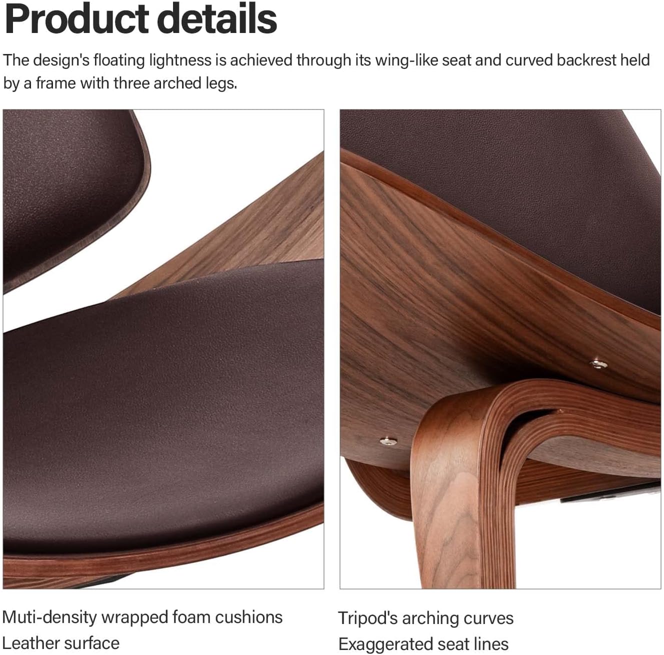 1inchome Mid Century Modern Shell Lounge Chair, Full Grain Leather, Scandinavian Furniture Tripod Plywood Classic Design Solid Wood Accent Chairs for Living Room, Reading, Lounge, Office, Salon