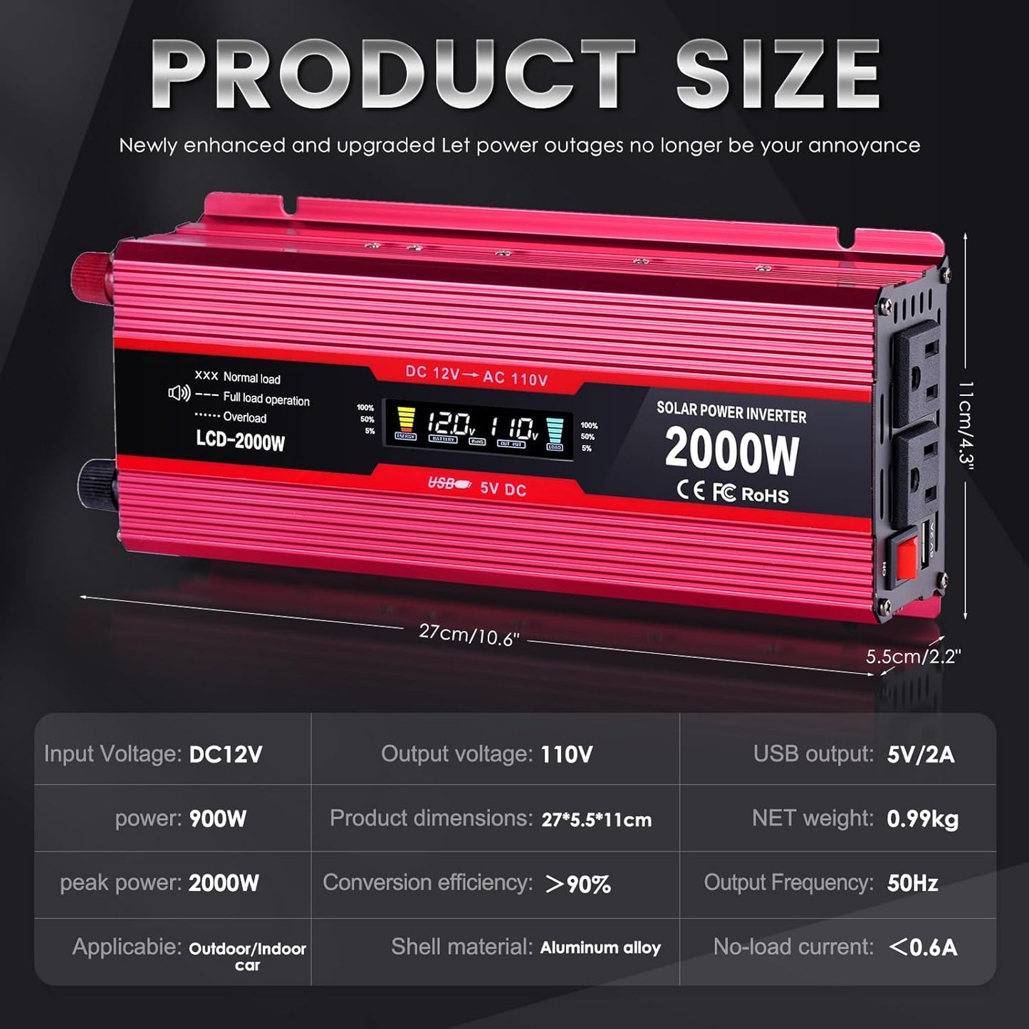 Car Power Inverter 12v to 110v 1000W/2000W(Peak) Power Inverters for Vehicles Truck Home with Dual AC Outlets and 5V USB Charging Port inversor de corriente 12v a 110v (1000W)