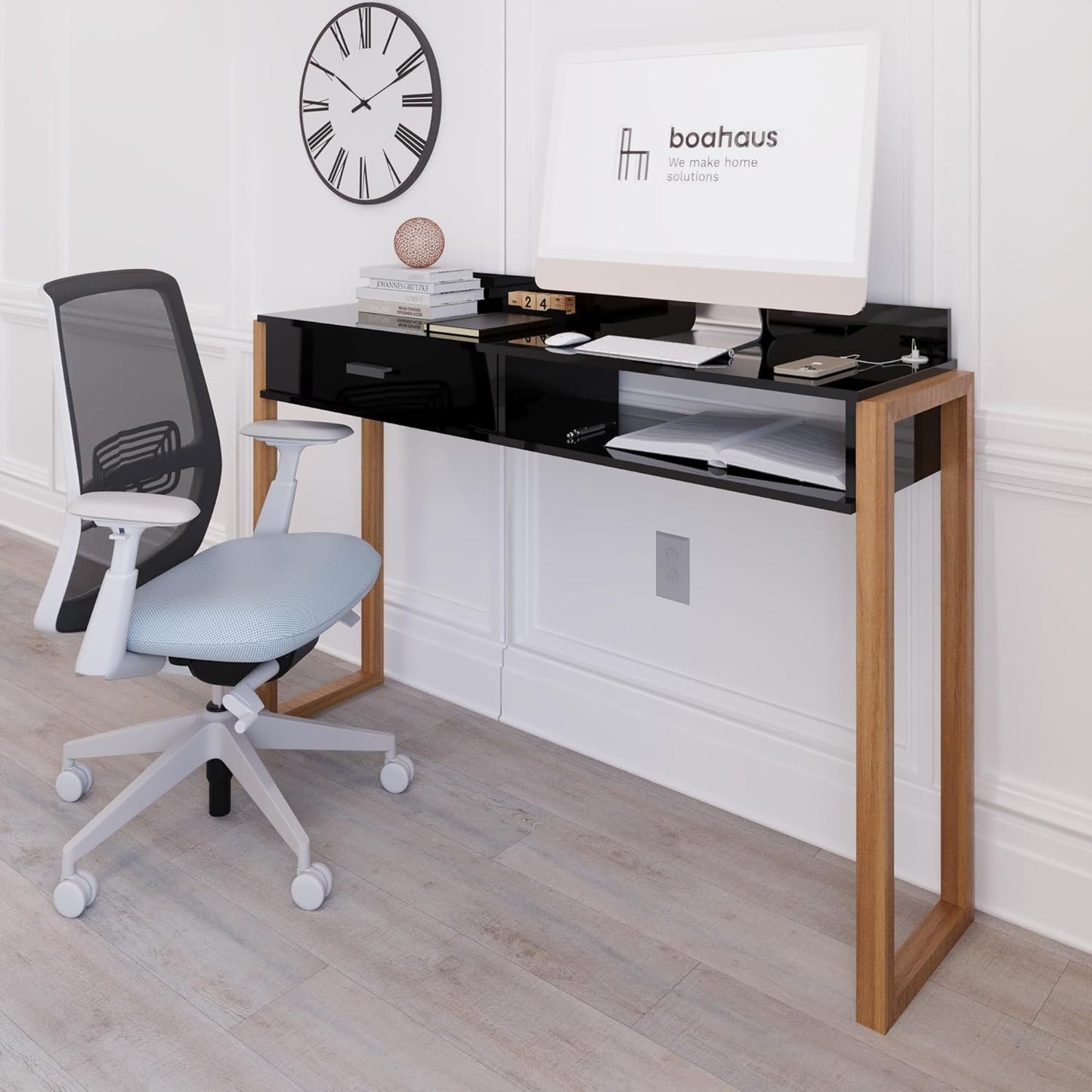 Boahaus Modern Computer Desk with USB Port & Storage - White/Brown - Space-Saving Home Office Desk