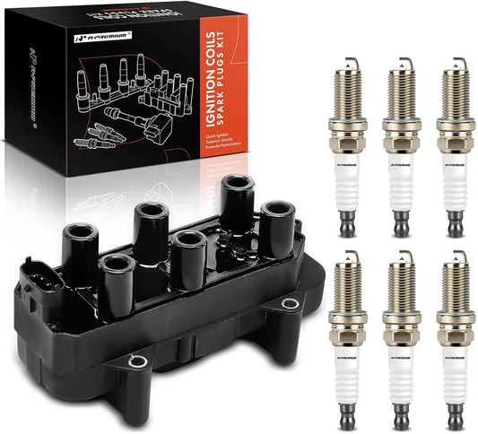 A-Premium 1x Ignition Coil Pack and 6x Iridium Spark Plugs Compatible with Cadillac Catera 1997-1998, 3.0L, Replace# 1208075, 90541062
