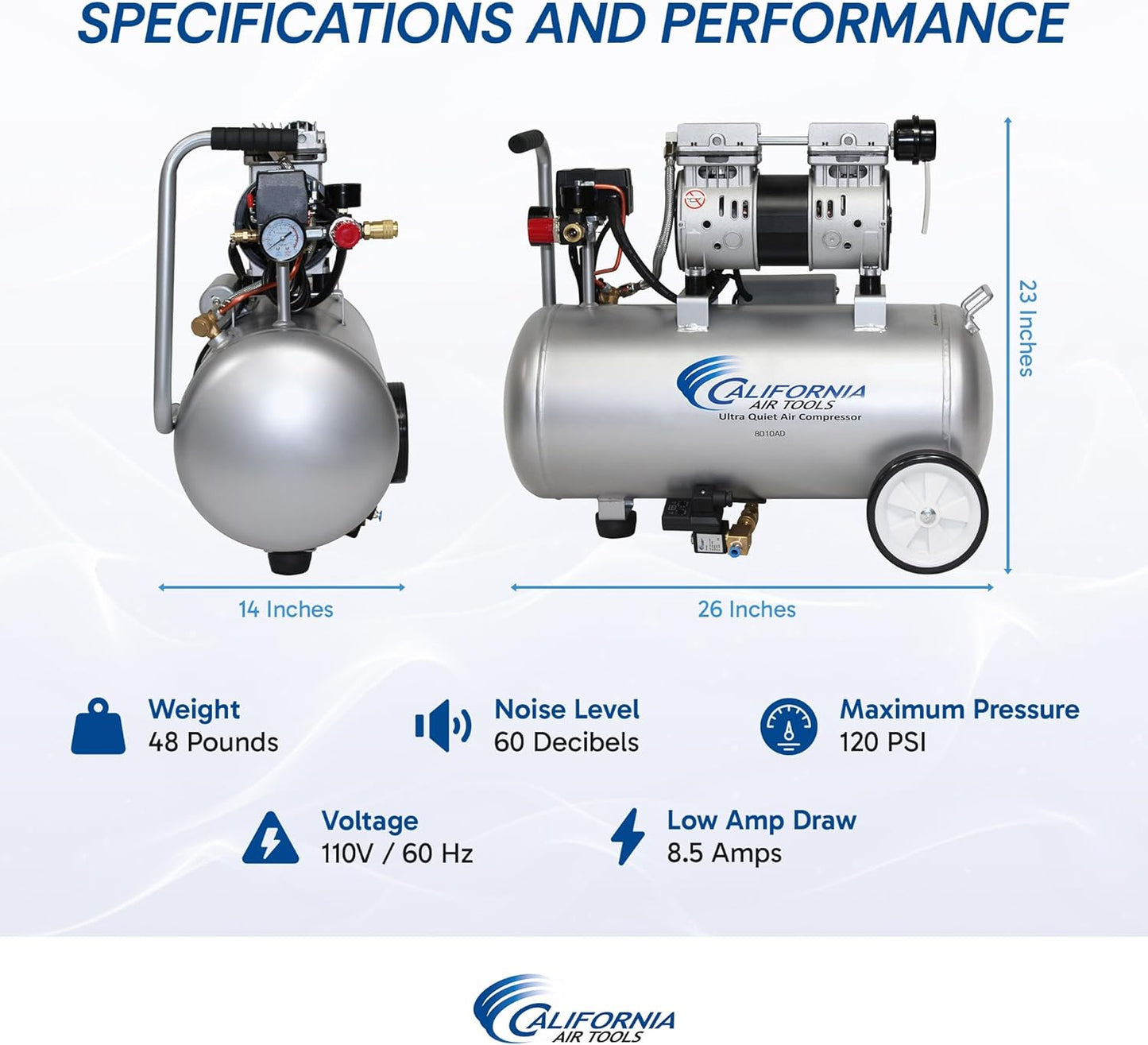 California Air Tools 8010AD 1.0 HP Ultra Quiet and Oil-Free Air Compressor, 8 Gallon Steel Tank, Lightweight with Wheels, 60 dBA Noise Level, with Automatic Drain Valve