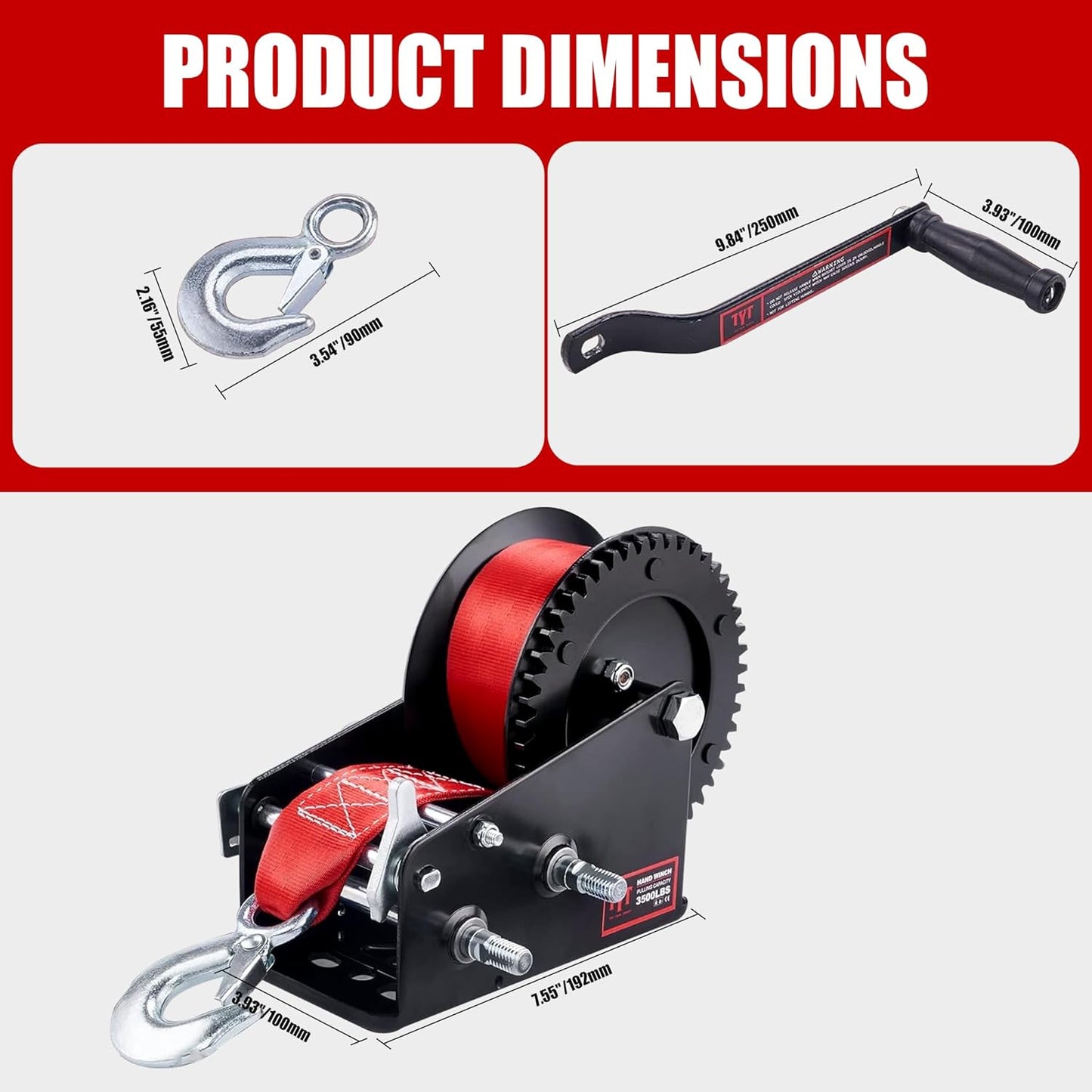 TYT 3500LB Boat Trailer Strap Winch with 10M Red Strap, Sturdy Long-Lasting Gear Hand Crank Winch, Operated Two Way Ratchet Manual Winches for Towing Pulley Boat Trailer Truck RV Jet Ski Marine Winch