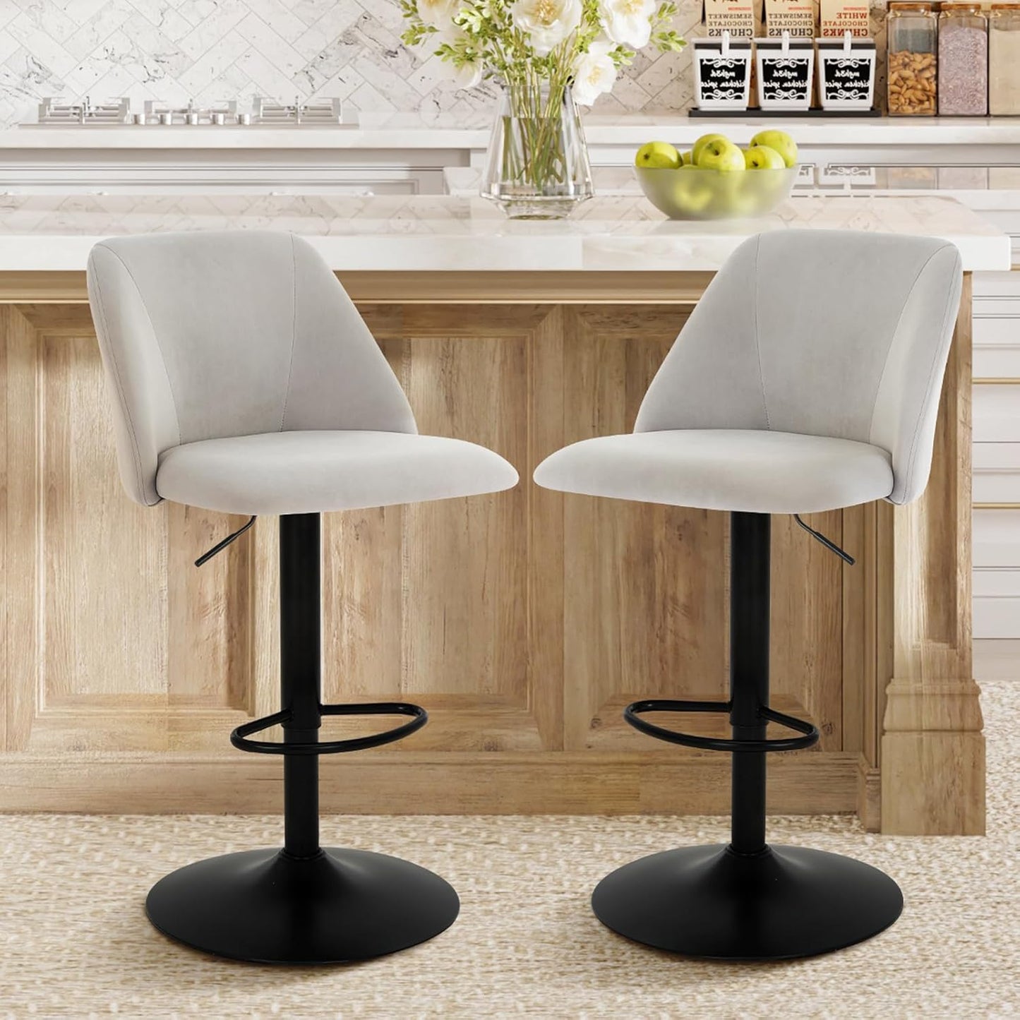 COLAMY Bar Stools Set of 3, Modern Swivel Bar Chairs, Adjustable Upholstered Barstools Counter Height with Full Backrest for Bar, Dining Room, Kitchen Island, Beige