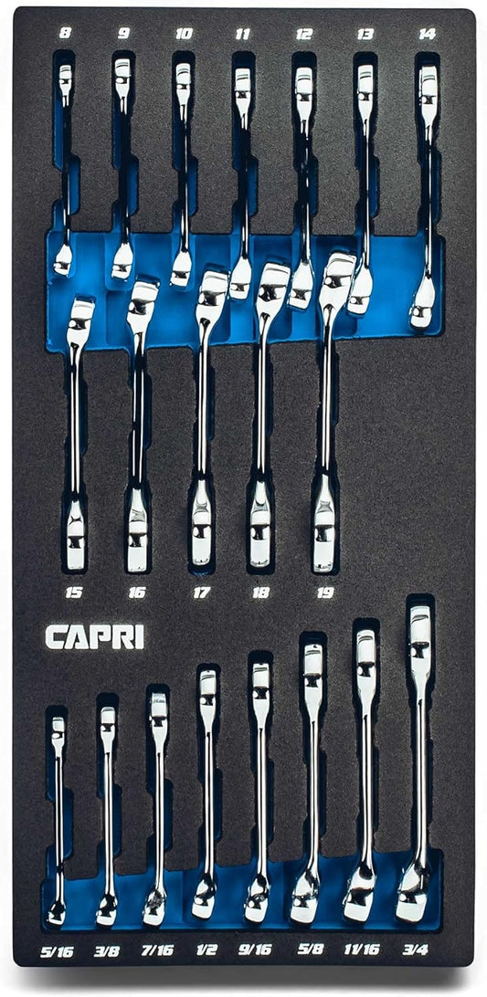 Capri Tools XT90 WaveDrive Pro Combination Wrench Set for Regular and Rounded Bolts (20-Piece Metric & SAE (Stubby) / Mechanic's Tray)