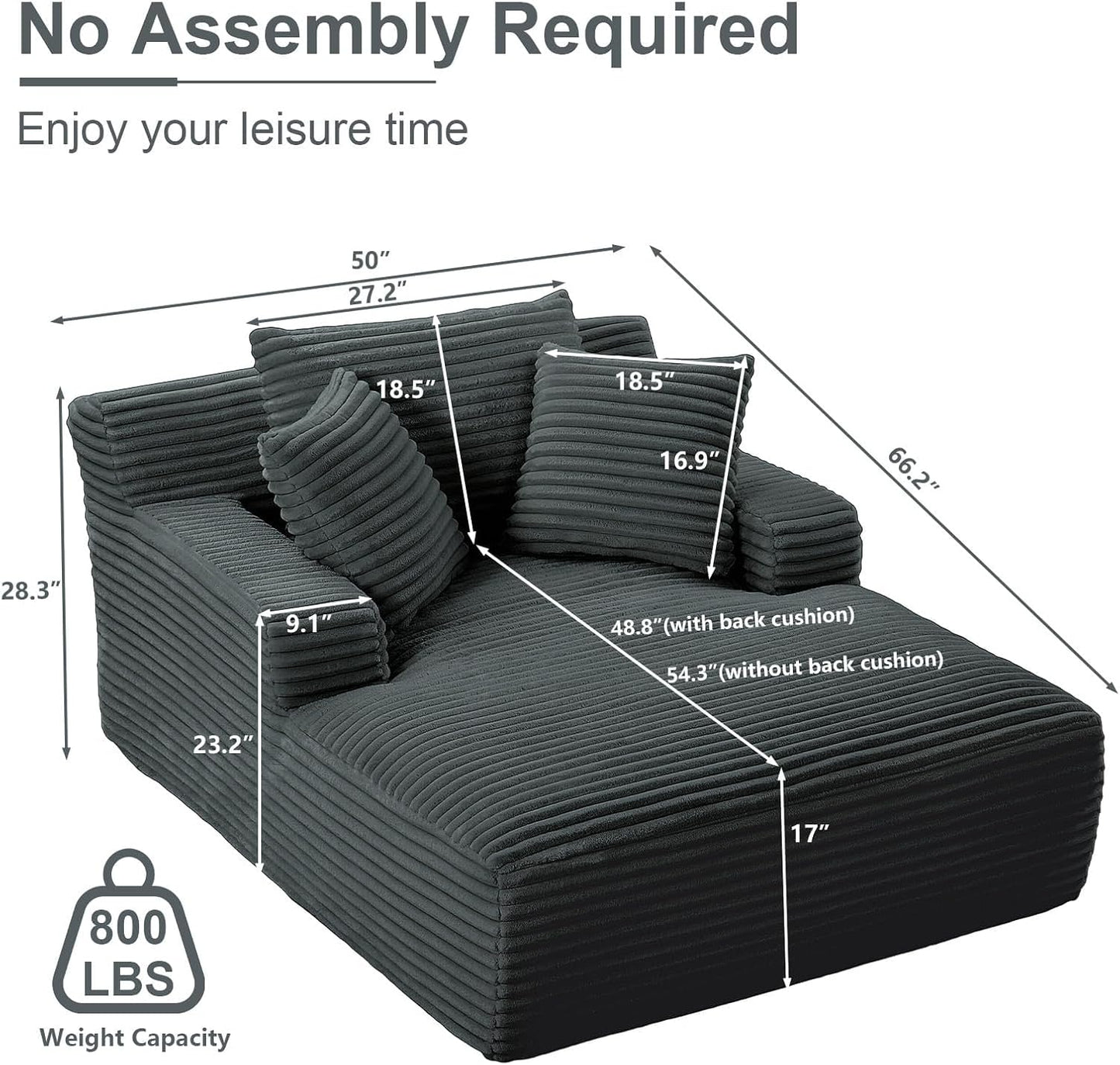 50" W Oversized Boneless Chaise Lounge Sofa Chair Indoor, Corduroy Plush Reading Cloud Couch, No Assembly Single Floor Sleeper Chair Bed for Living Room Apartment Office Small Spaces