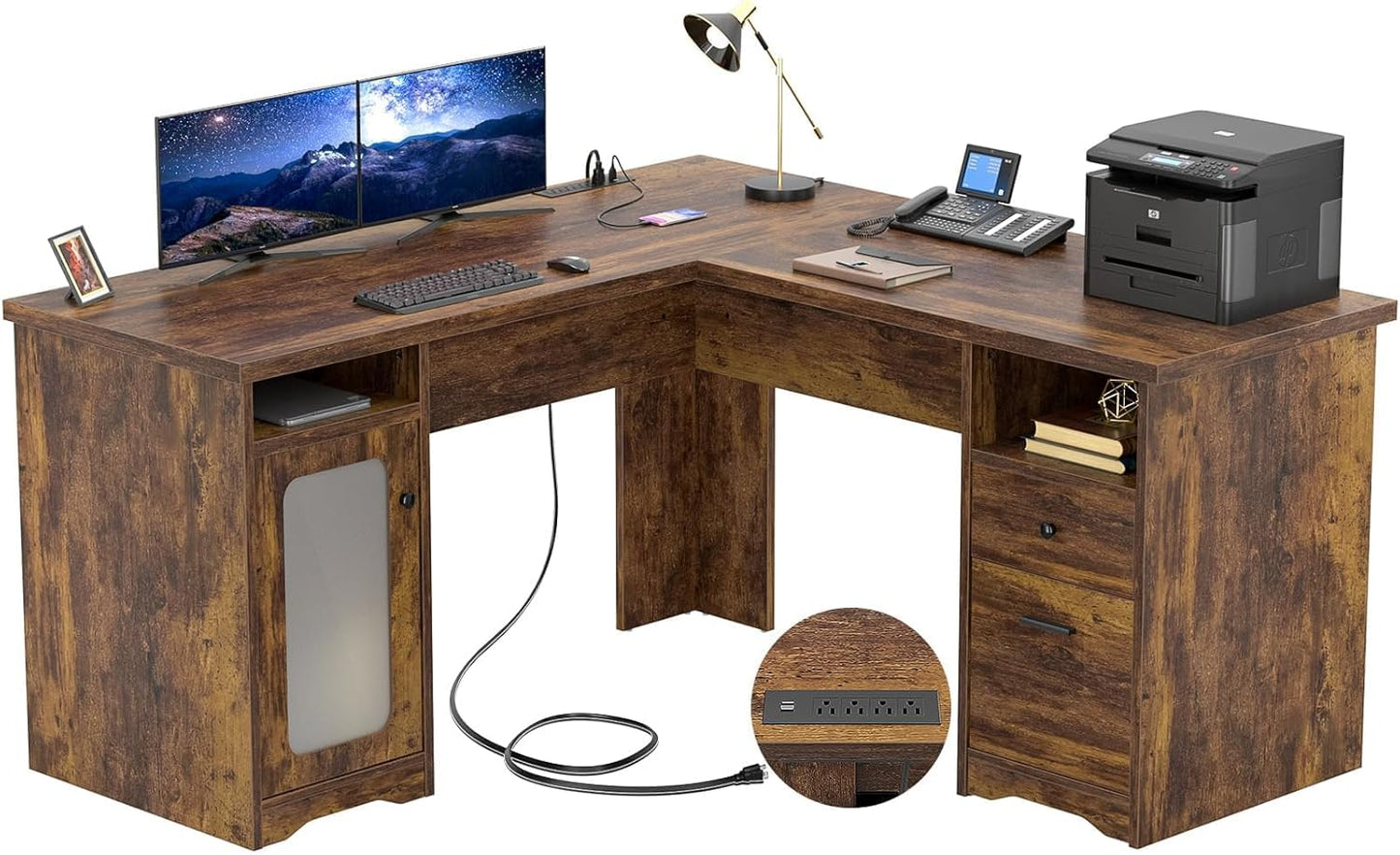 Unikito L Shaped Office Desk with Drawer, 60 Inch Computer Desk with Power Outlet & USB Charging Port, Large Corner Desk with File Cabinets, 2 Person Sturdy Executive Desk with Storage Cabinet, Black