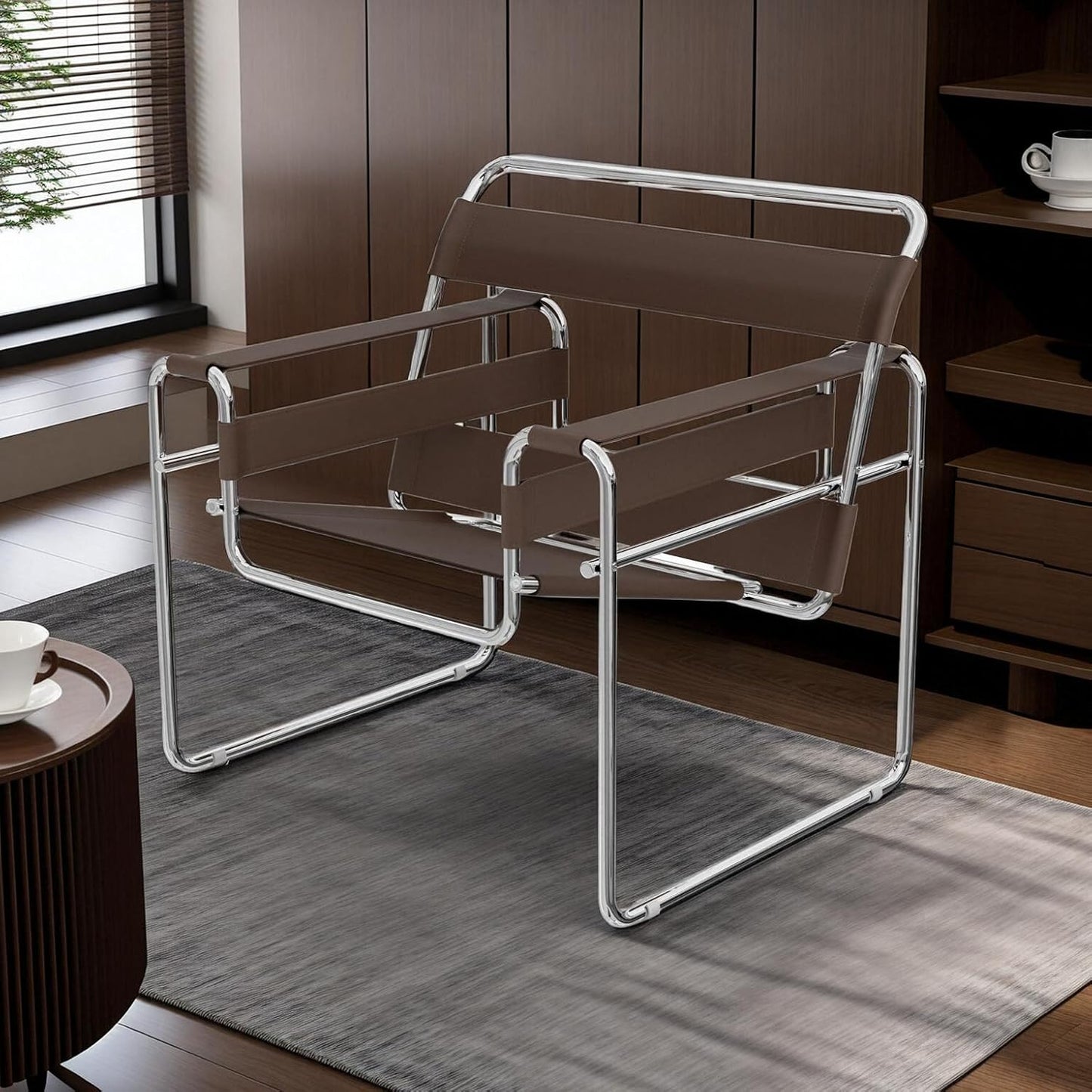 Saddle Leather Armchair, Mid-Century Modern Accent Chair, Studio Chair, Stainless Steel Frame for Living Room Bedroom Office Studio, Amber