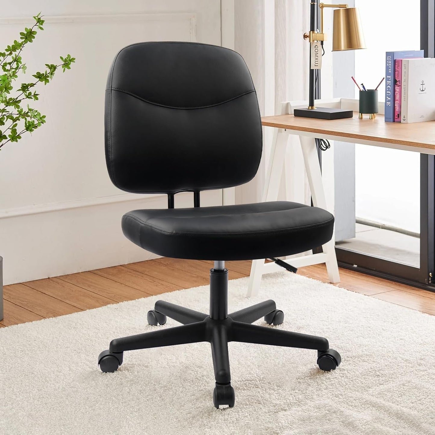 CLATINA Armless Home Office Chair,Small PU Leather Ergonomic Low Back Desk Chair with Lumbar Support and Wheels, Adjustable Height 360° Swivel Rolling Computer Task Chair, Black, 8 Pack