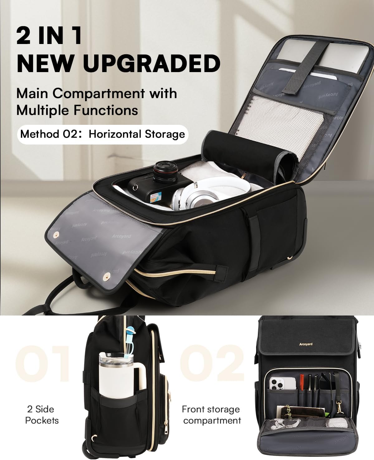 Rolling Backpack for Women, Travel Rolling Laptop Backpack with Wheels, Vertical & Horizontal Storage 2 In 1, Flip-Top Design, Water-Resistant Overnight College Underseat Carry on Luggage