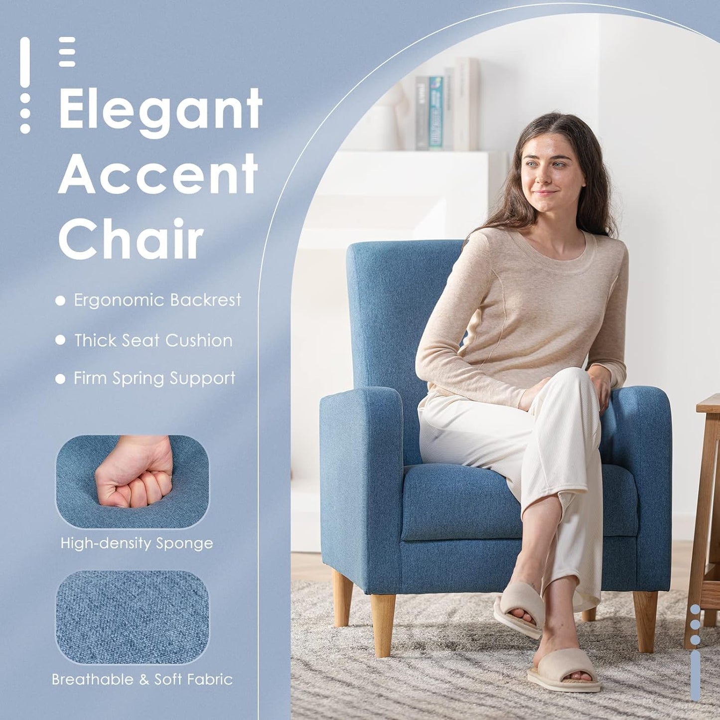 COLAMY Fabric Accent Living Room Chairs Set of 2, Upholstered Arm Chair Reading Side Chair, Single Sofa with Back Pillow and Wood Legs, Blue