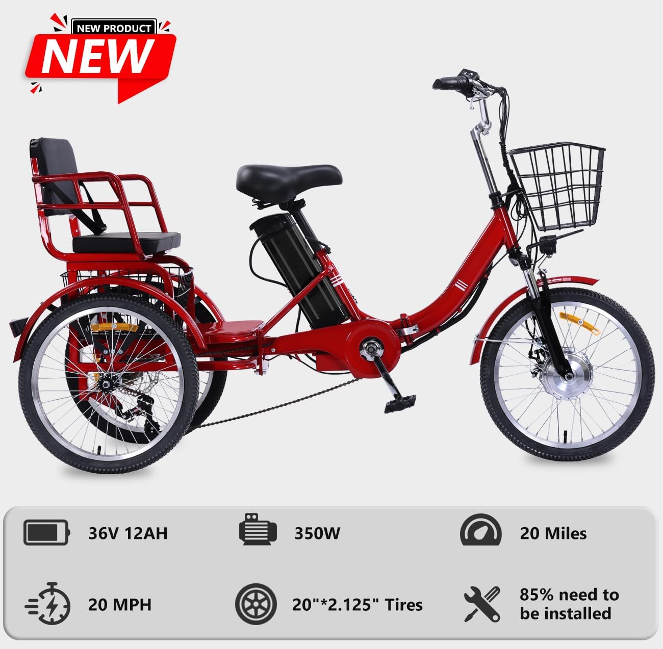 Two Seater Electric Tricycle for Adults, Peak 500W 3 Wheel Electric Bike with Passenger Seat, 48V 13Ah Battery, Folding Motorized Trike with Rear Basket for Women and Seniors
