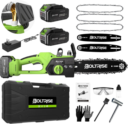 12 Inch Cordless Brushless Electric Chainsaw, 2 × 4.0Ah Batteries & Auto Oiler Security Lock, 42 FT/S Powered Compact HandHeld Chain Saw, for Tree Trimming, Wood Cutting Garden, Pruning