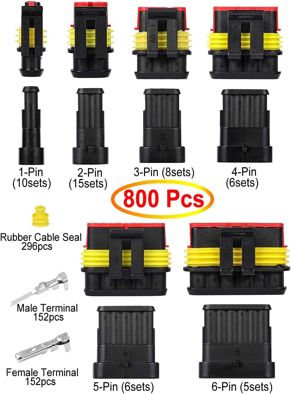 800Pcs 50 Sets Waterproof Automotive Electrical Wire Connectors Plug Kit 1/2/3/4/5/6 Pin Waterproof Connectors with Ratchet Crimping Tool