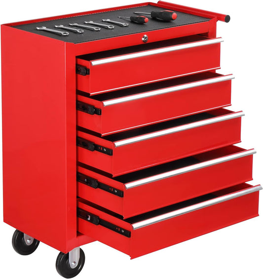 TUFFIOM 5-Drawer Rolling Tool Chest w/Drawers & Lock, Tool Storage Cabinet with Lockable Wheels, Top Cushion & Drawer Liners, Tool Organizer Box for Garage, Warehouse & Repair Sho