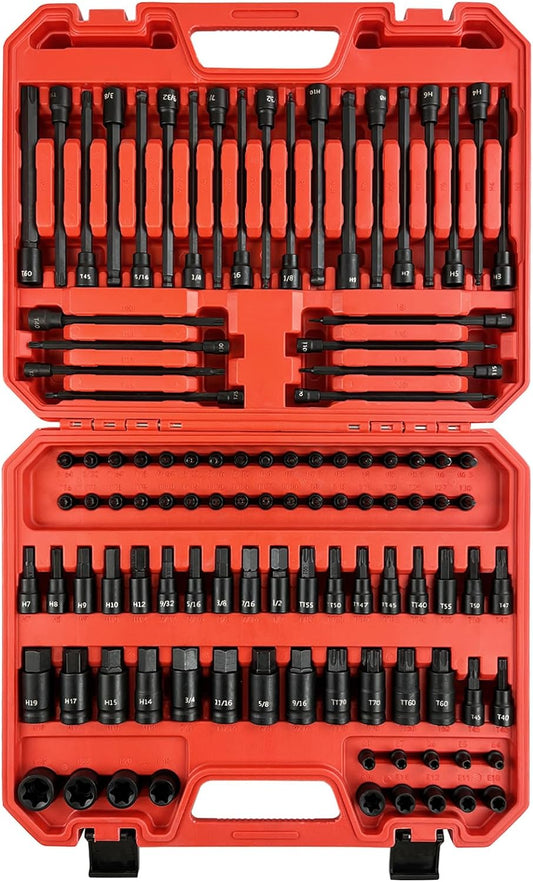 107PCS Bit Socket Set,1/4”,3/8 & 1/2” Drive Bit Socket Set,Torx/Extra Long/Tamper Proof/Hex/Ball End Hex,S2 Alloy Steel & CR-V,SAE&Metric
