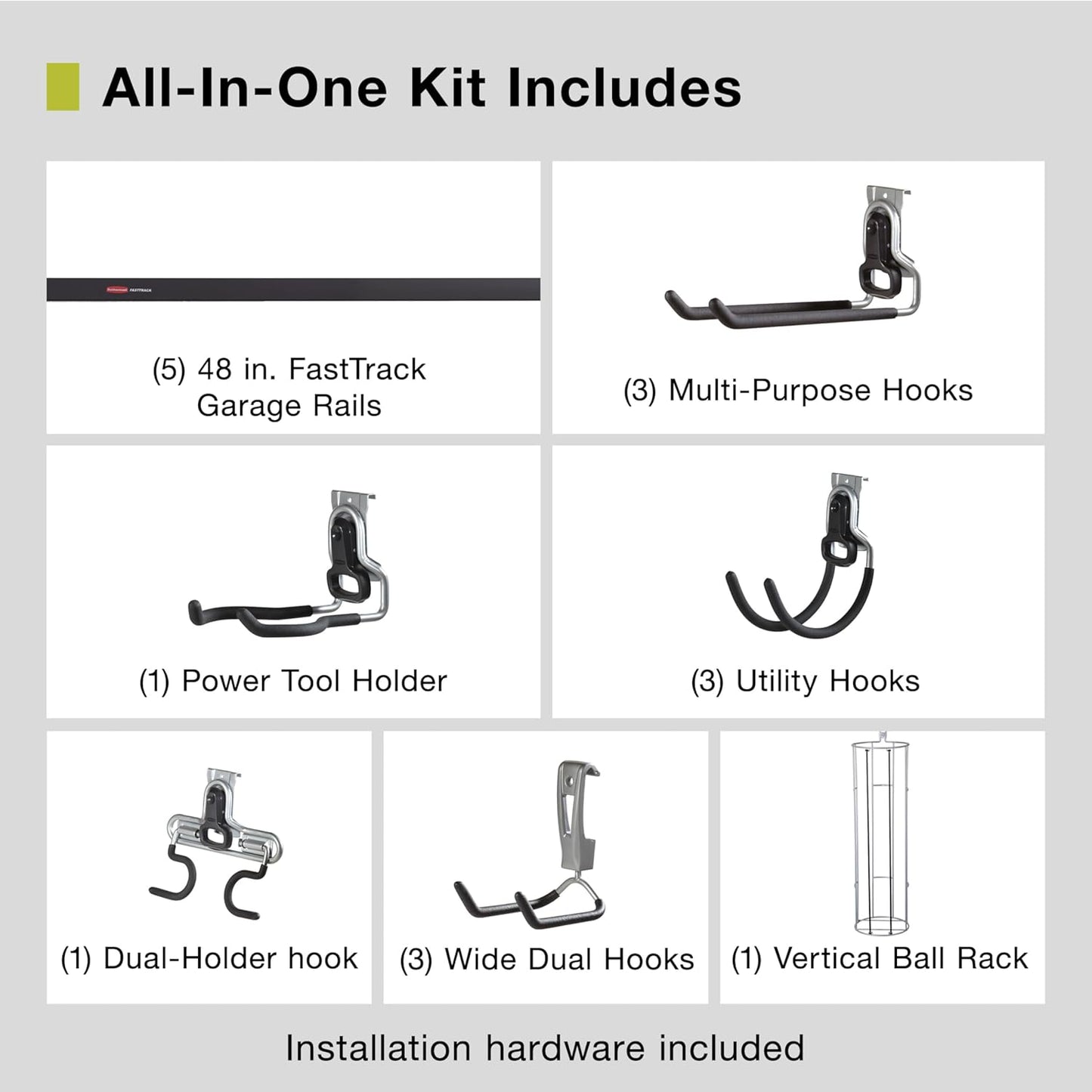 Rubbermaid 20-Piece FastTrack Garage Wall-Mounted Storage Kit 5 Rails and 15 Hooks for Home/House/Tool/Sports/Utility Purposes