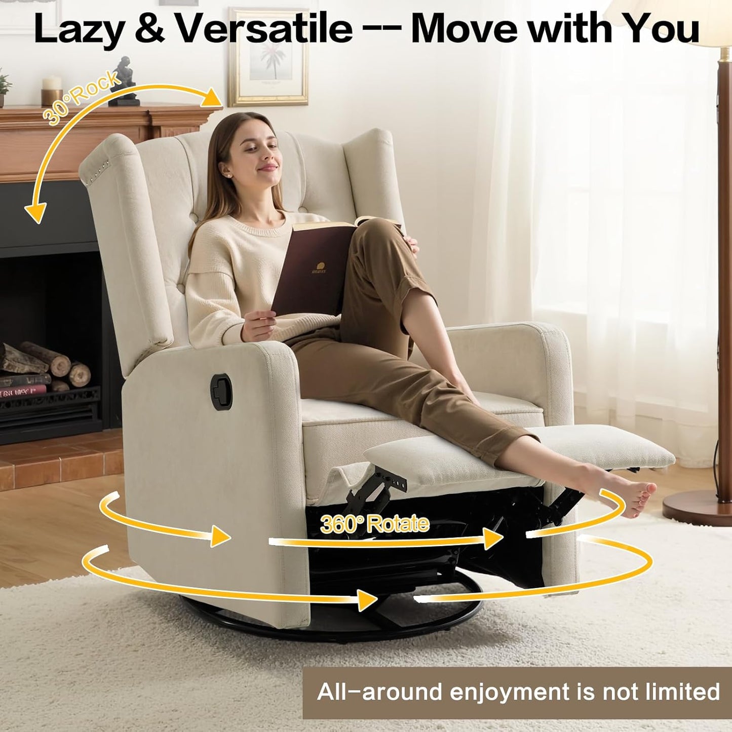 ABAKAN Swivel Rocker Recliner Chair, 360 Degree Nursery Rocking Recliner, Linen Glider Chair with Button Tufted Wingback Chair, for Living Room, Bedroom,Ash Beige