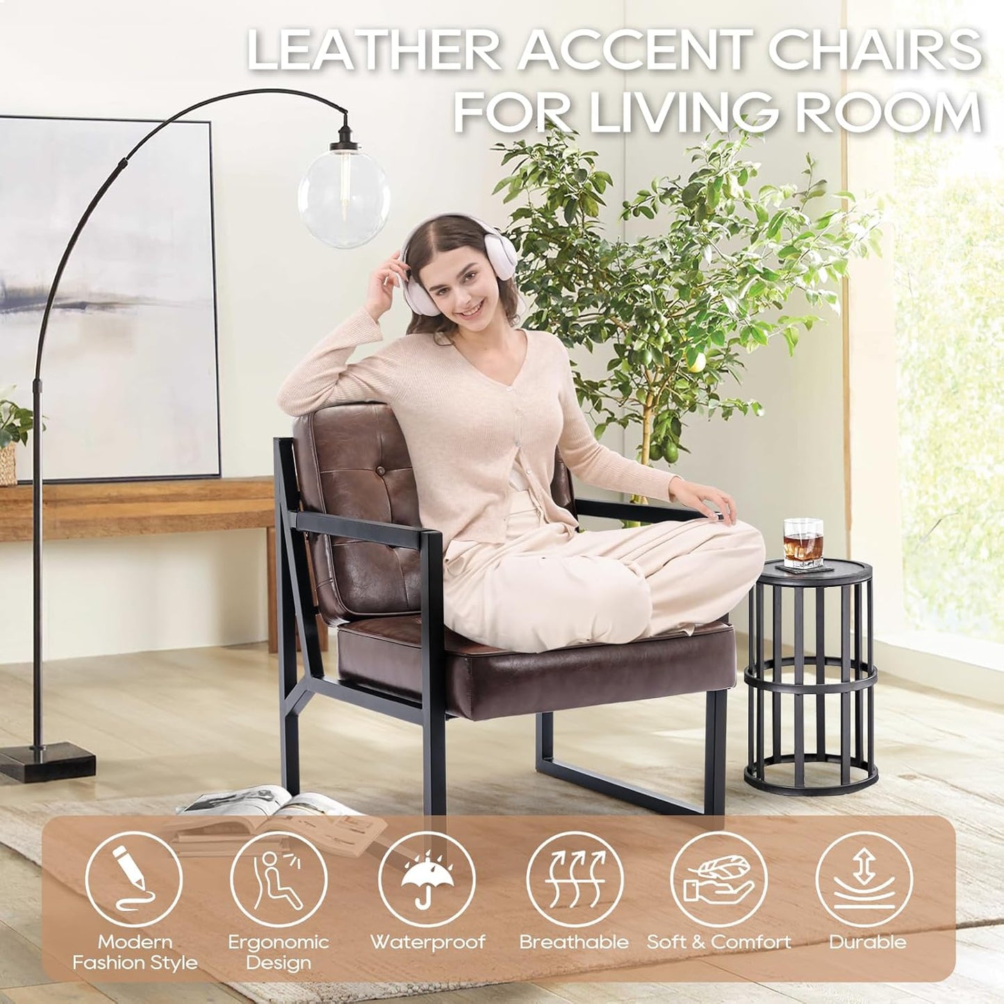 COLAMY Leather Accent Chairs Set of 2, Accent Arm Chairs for Living Room, Comfy Leather Armchairs with Metal Legs for Bedroom Reception Room, Brown