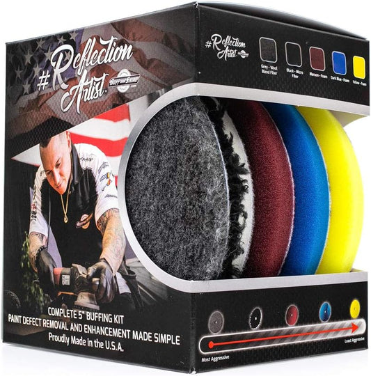 The Rag Company - Buff and Shine Reflection Artist Complete 6" Buffing Kit - Combination of Five Pads, URO line, Easy to Use Combo