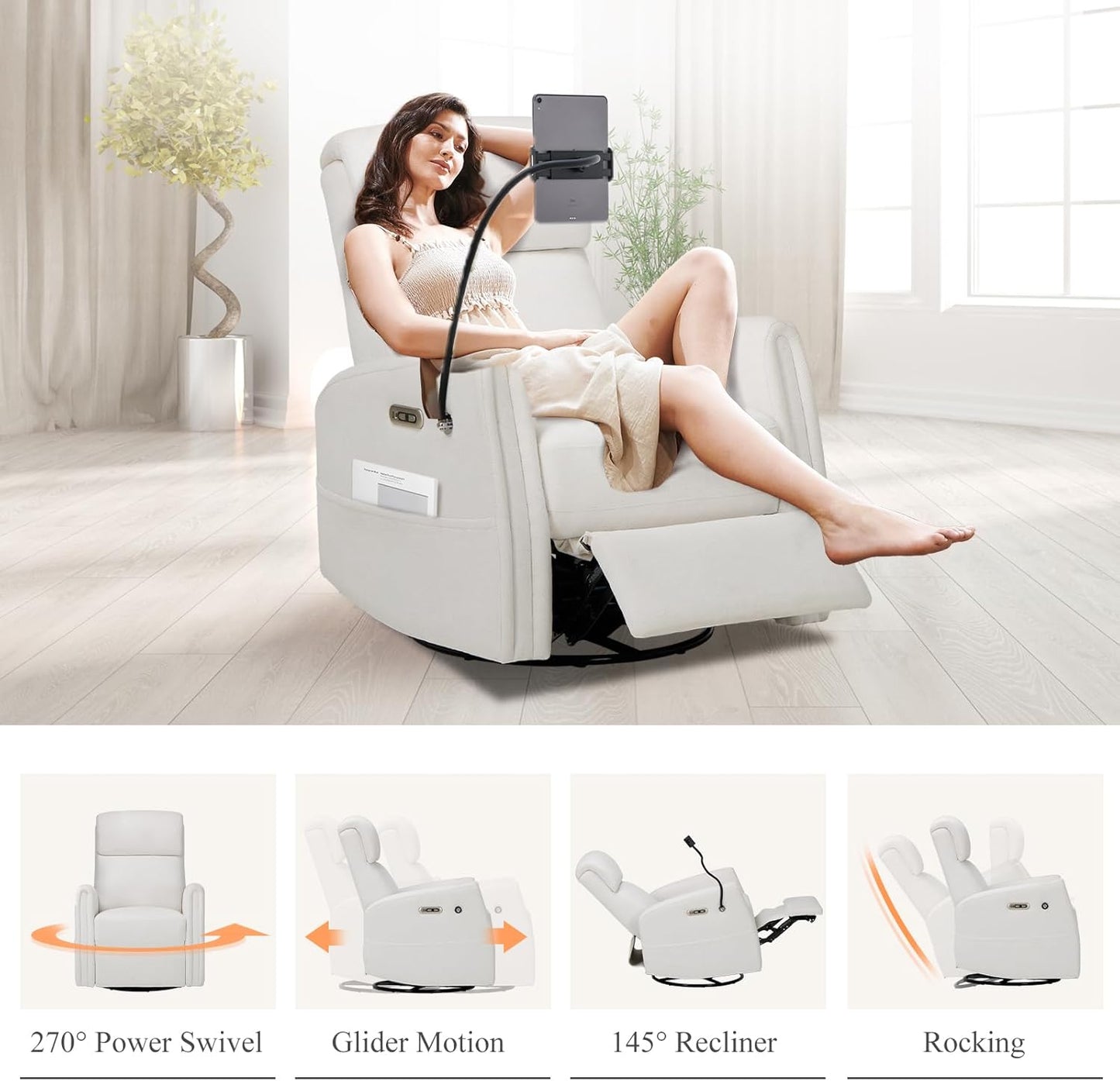 COLAMY Power Recliner Chairs Swivel Glider Rocker for Nursery, Upholstered Fabric Living Room Rocking Reclining Single Sofa Chair with 2 Device Holders, White, Set of 2