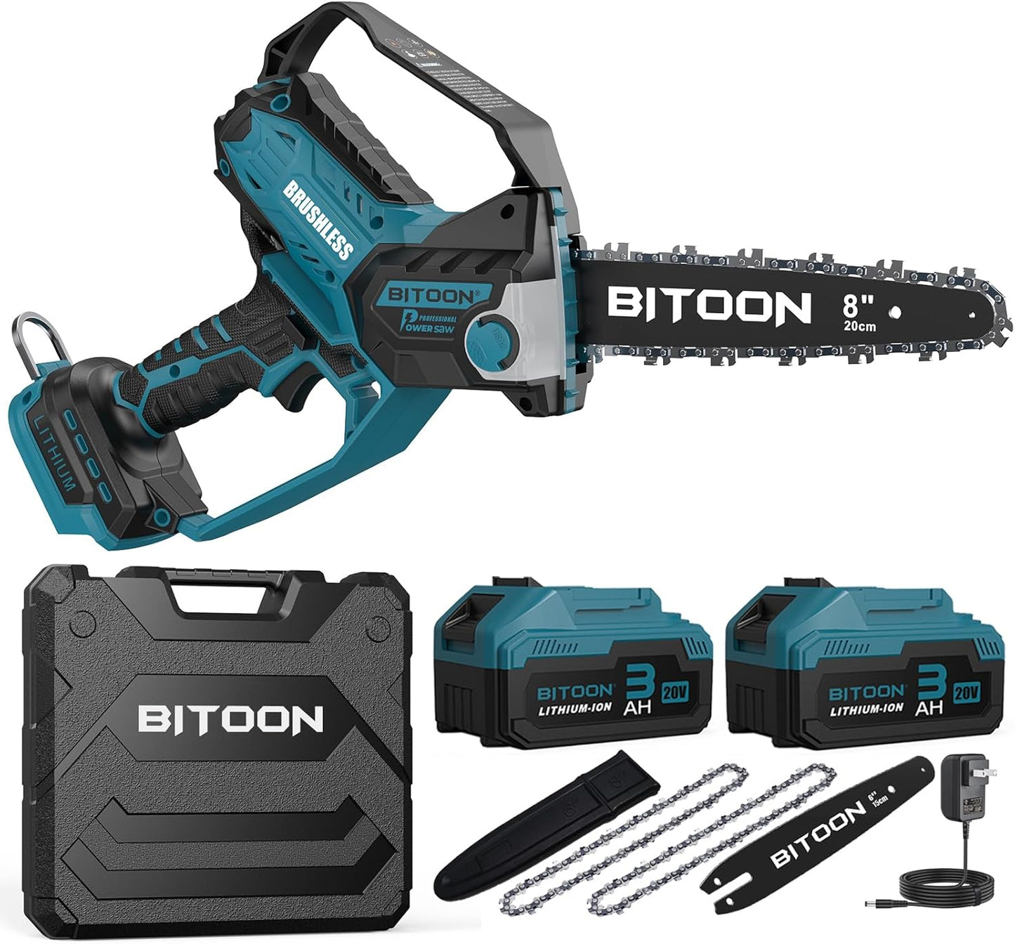 BITOON 8-Inch Mini Chainsaw with 2PCS 3.0Ah Battery and Charger, Auto-Oiler, Brushless Cordless 8-Inch and 6-Inch 2-in-1 Pruning Chain Saw, Portable Electric Chainsaw for Cutting Wood, Branches Yellow