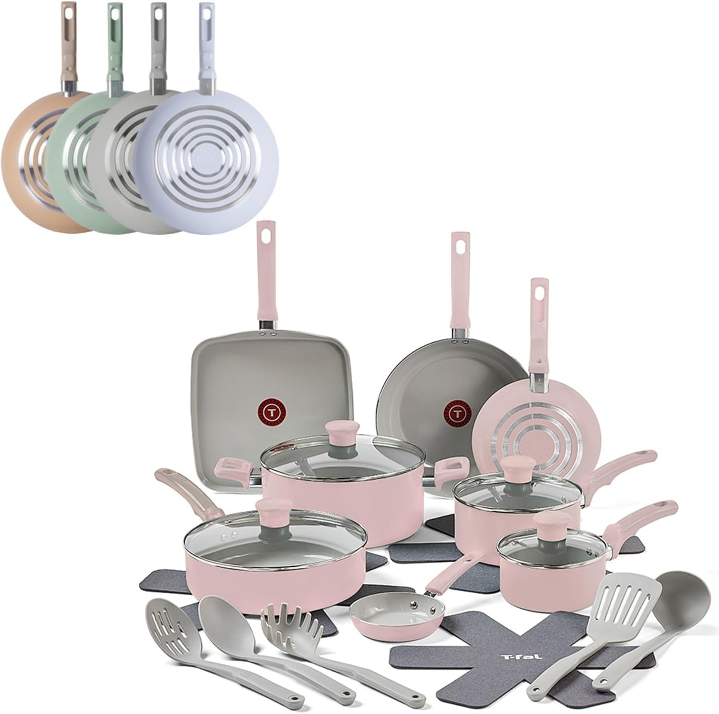 T-Fal Refresh Ceramic Nonstick Cookware Set, 12-Piece Ceramic Pots and Pans Set, Includes Stockpot, Griddle, Frying Pans, Utensils, Moon Grey