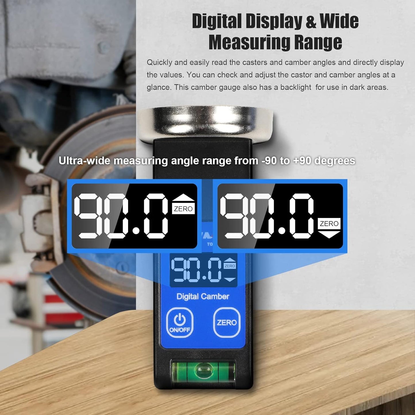 Camber Gauge Digital Wheel Alignment Tool -90° to +90° Wide Range Wheel Alignment & Balancing Tools Accurate Caster Camber Gauge with Digital Display & Powerful Magnet & Positioning Bubble & Reset Key