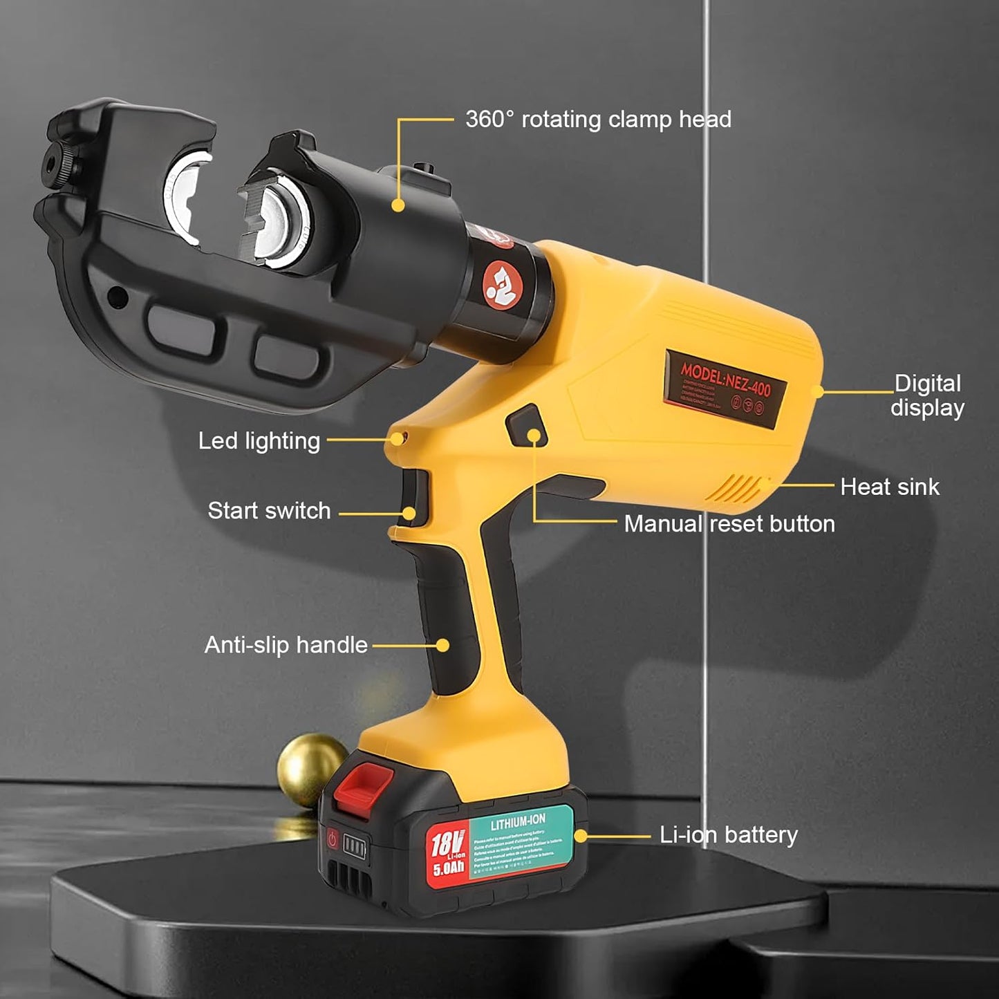12 Ton Electric Hydraulic Cable Crimping Tool with Digital Display, 11 Dies, 2 Rechargeable 5.0Ah Batteries, for Copper/Aluminum Terminals and Wires
