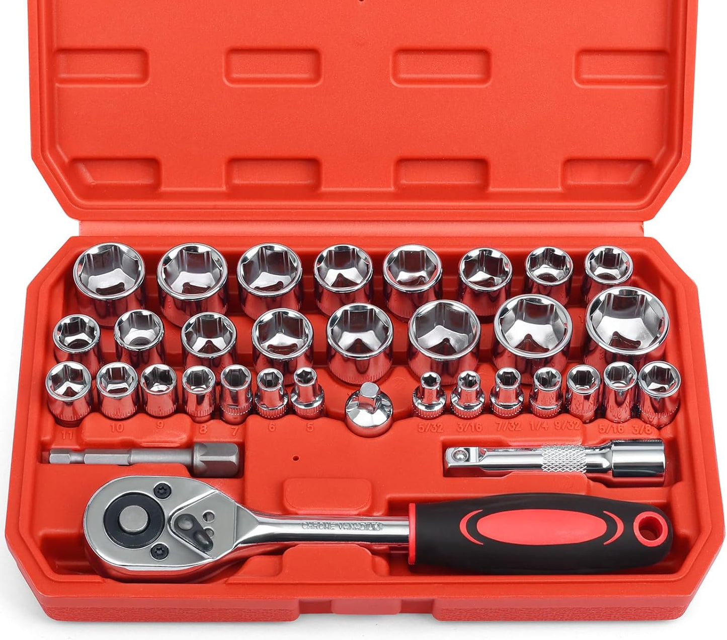 3/8” Drive Socket Set, 76 Pieces Ratchet Wrenches Set, Standard and Deep Metric (8 to 19mm)/SAE (5/16 to 3/4 inch) Size, with 72-Tooth Ratchet for Auto Repairing and Household, with Storage Case