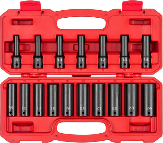 TEKTON 1/2 Inch Drive Deep 12-Point Impact Socket Set with Case, 17-Piece (8-24 mm) | SID92339
