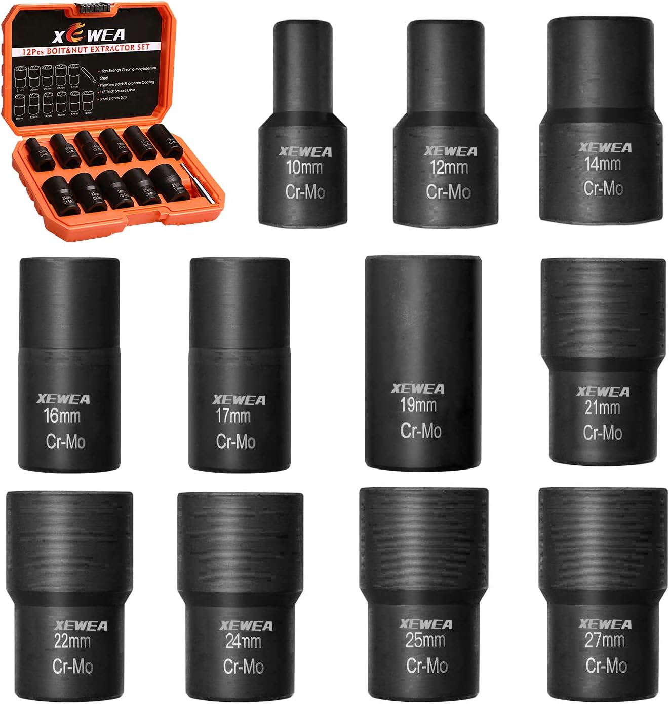 XEWEA 15PCS 1/2" Drive Lug Nut Removal Tools, Striped Wheel Lock Removal Kit Easy Out Twist Socket Extractor Set for Damaged, Frozen, Rusted, Rounded-Off Bolts Nuts & Screws