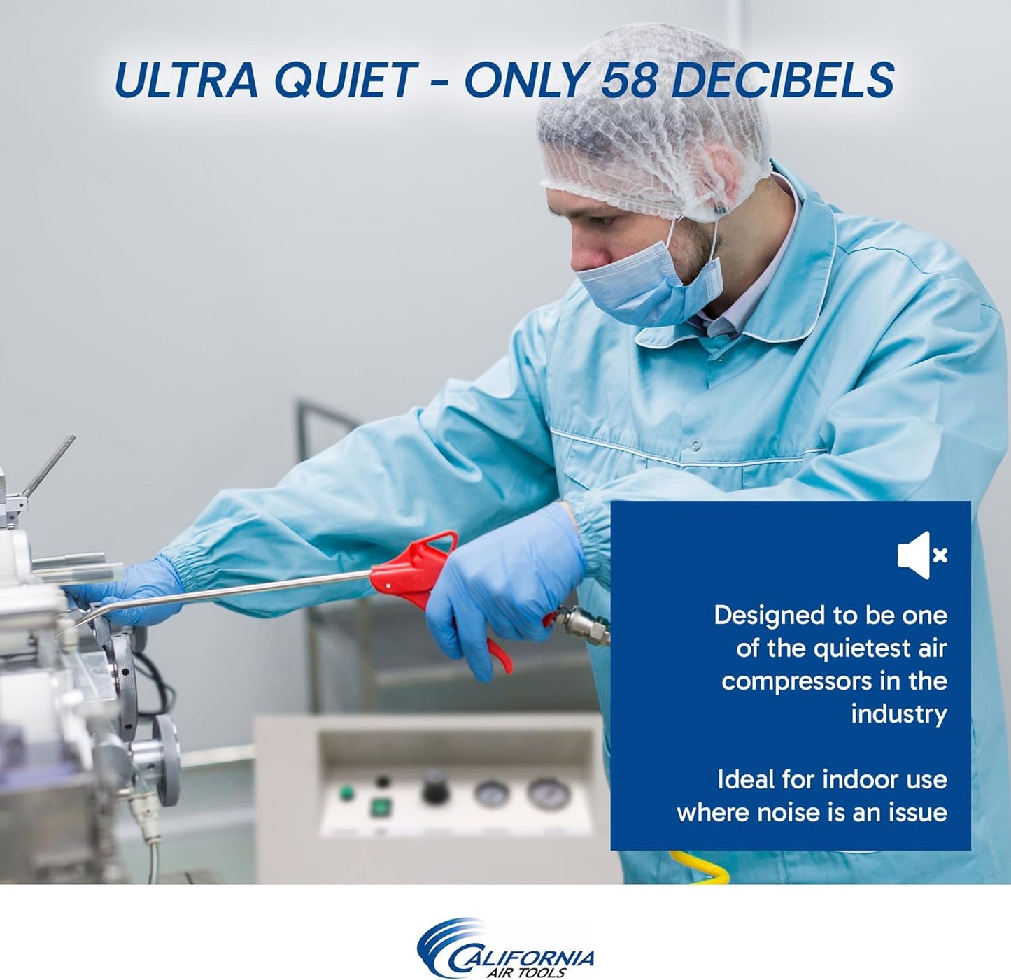 California Air Tools 10020SPC 2.0 HP Ultra Quiet and Oil-Free Air Compressor, 10 Gallon Tank, 58 dB Noise Level, in Sound Proof Cabinet