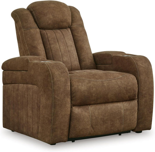 Signature Design by Ashley Wolfridge Contemporary Faux Leather Upholstered Power Recliner with Adjustable Headrest, USB Ports and 2 Cup Holders, Dark Brown