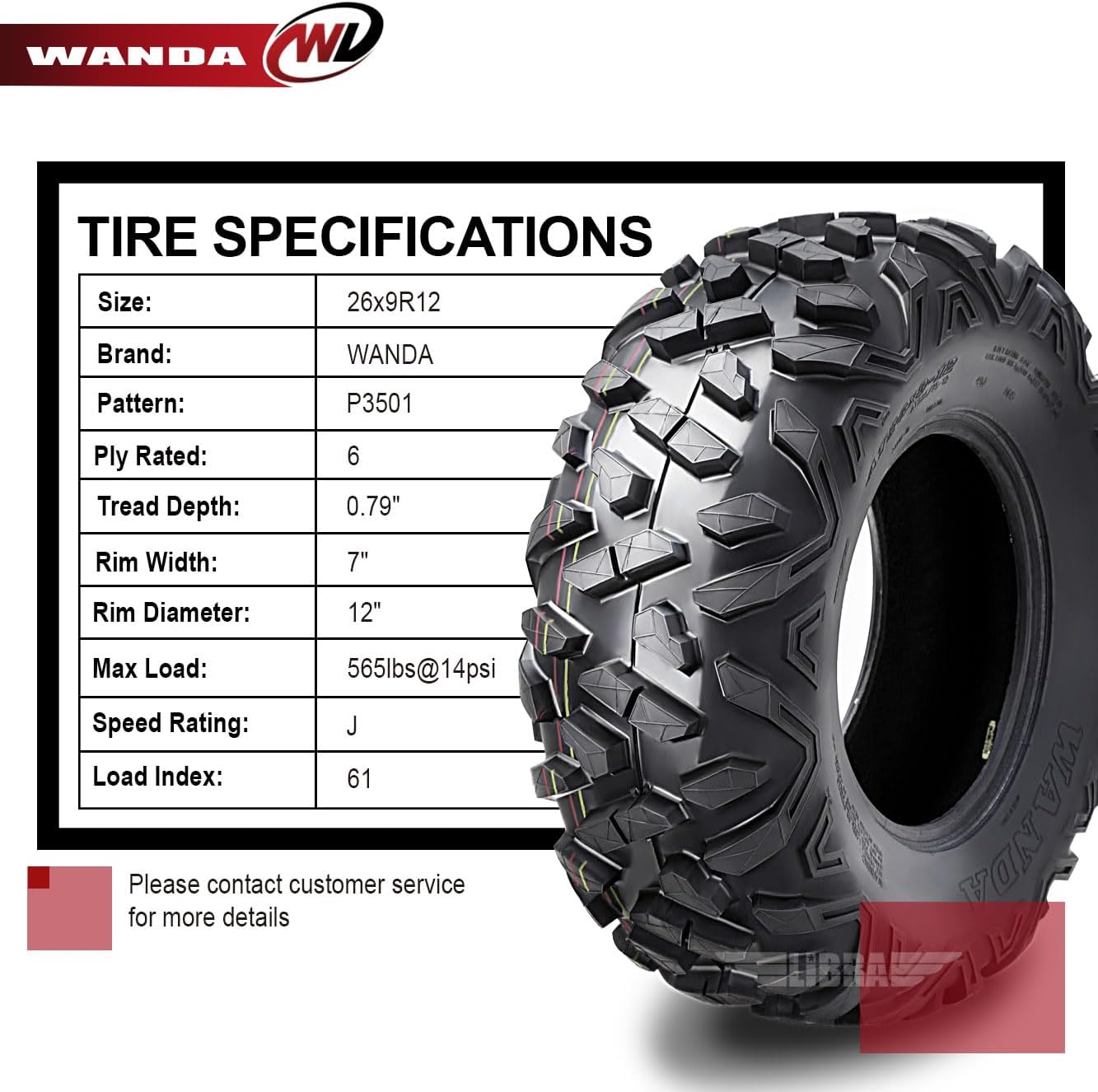 WANDA 2 26x9R12 Radial ATV Front Tire Set for 10-14 Polaris Ranger 800 Crew/HD/XP