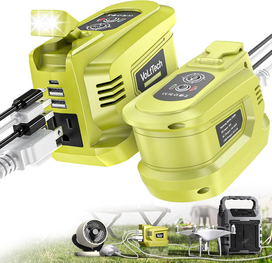 2 Packs 200W Power Inverter Compatible with Ryobi, VoLtTech Battery Inverter DC 18V to AC 110V Portable Phone Charger Generator Power Supply with 2 USB Ports & 1 Type-C & 1 AC Outlet, 200 Lumen Light