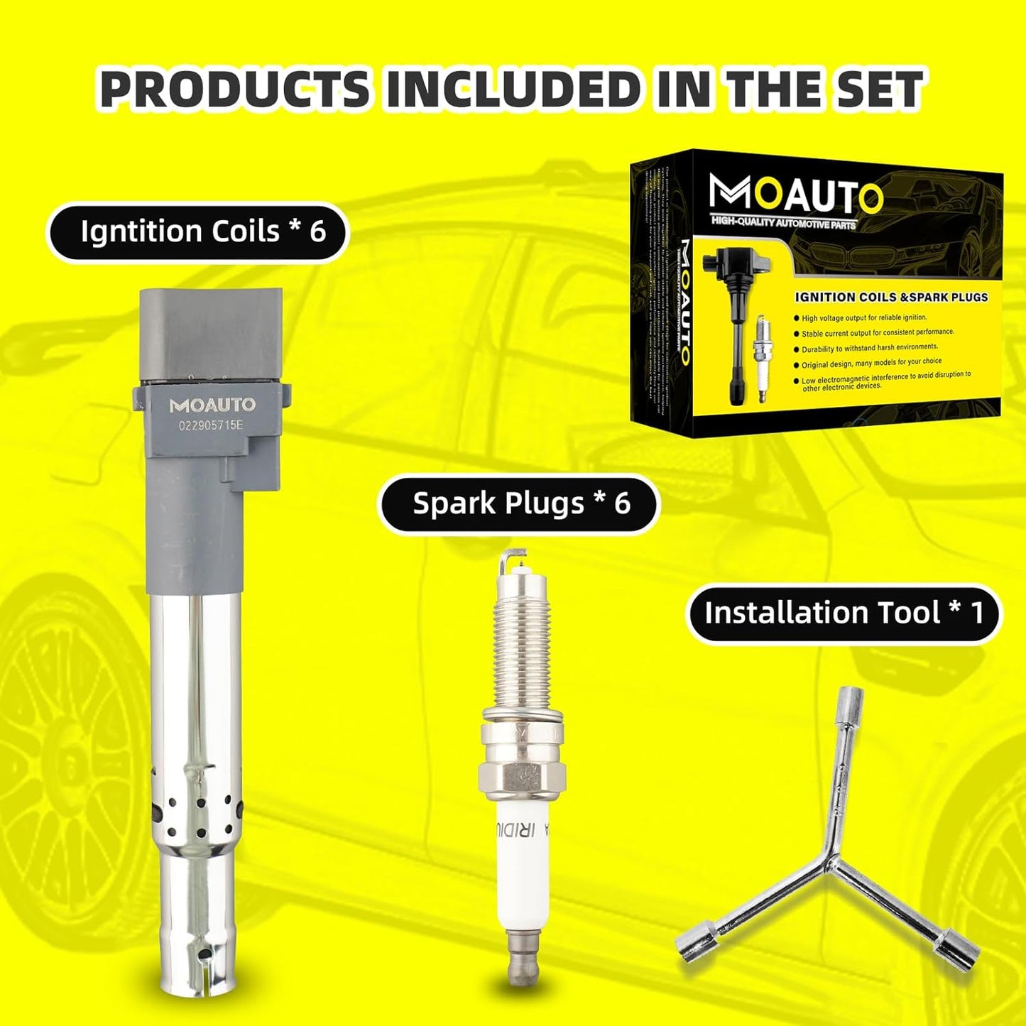 Set of 6 Ignition Coils Pack UF616 022905715E & 6 PCS Iridium Spark Plugs Compatible with Audi Q7 Volkswagen Atlas CC Passat Touareg Porsche Cayenne - 3.6L V6 Replace GN10443 022905715A