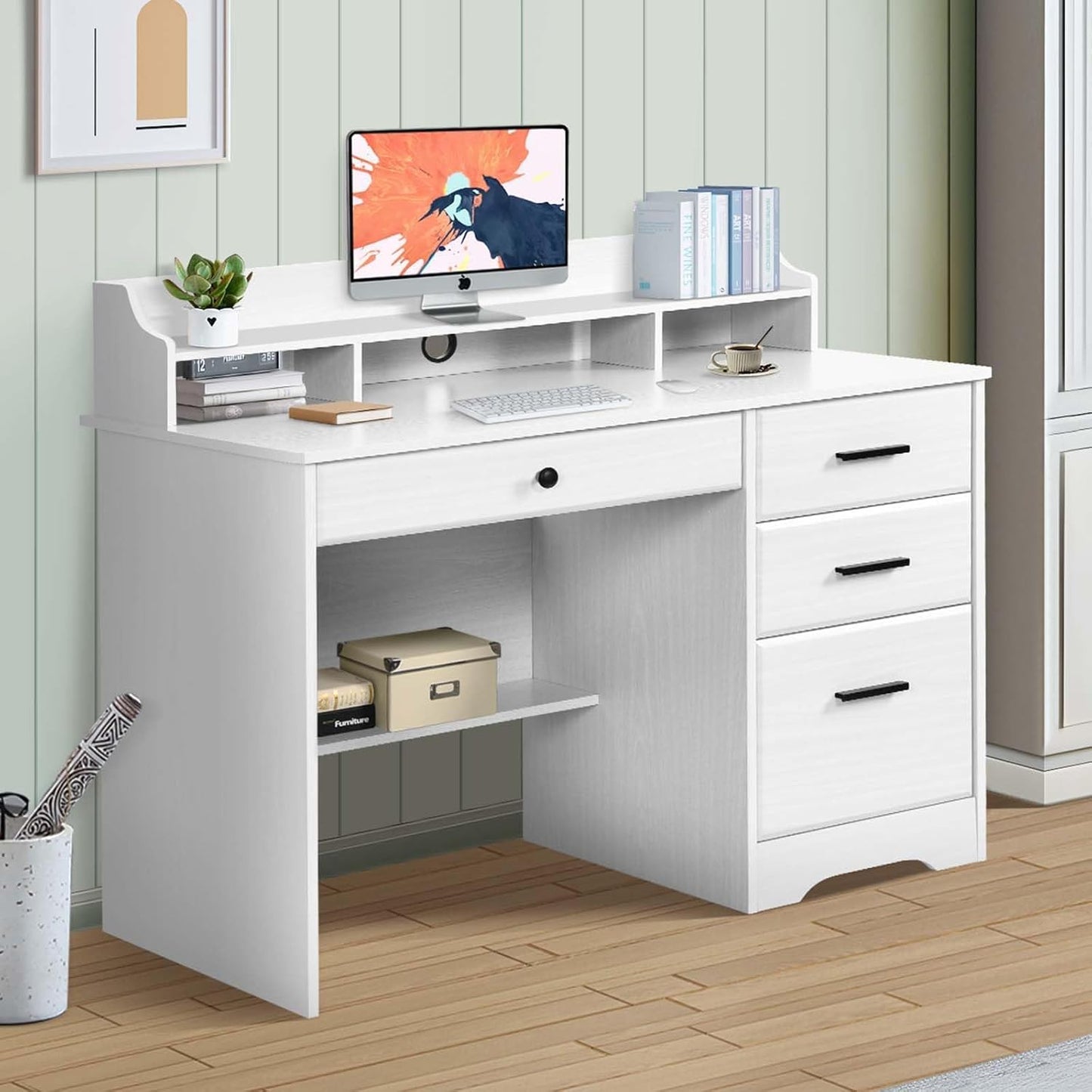 White Desk with 4 Drawers, Computer Desk with Drawers and Hutch&Shelf, Wood Writing Home Office Workstation, Student Desks for Bedrooms