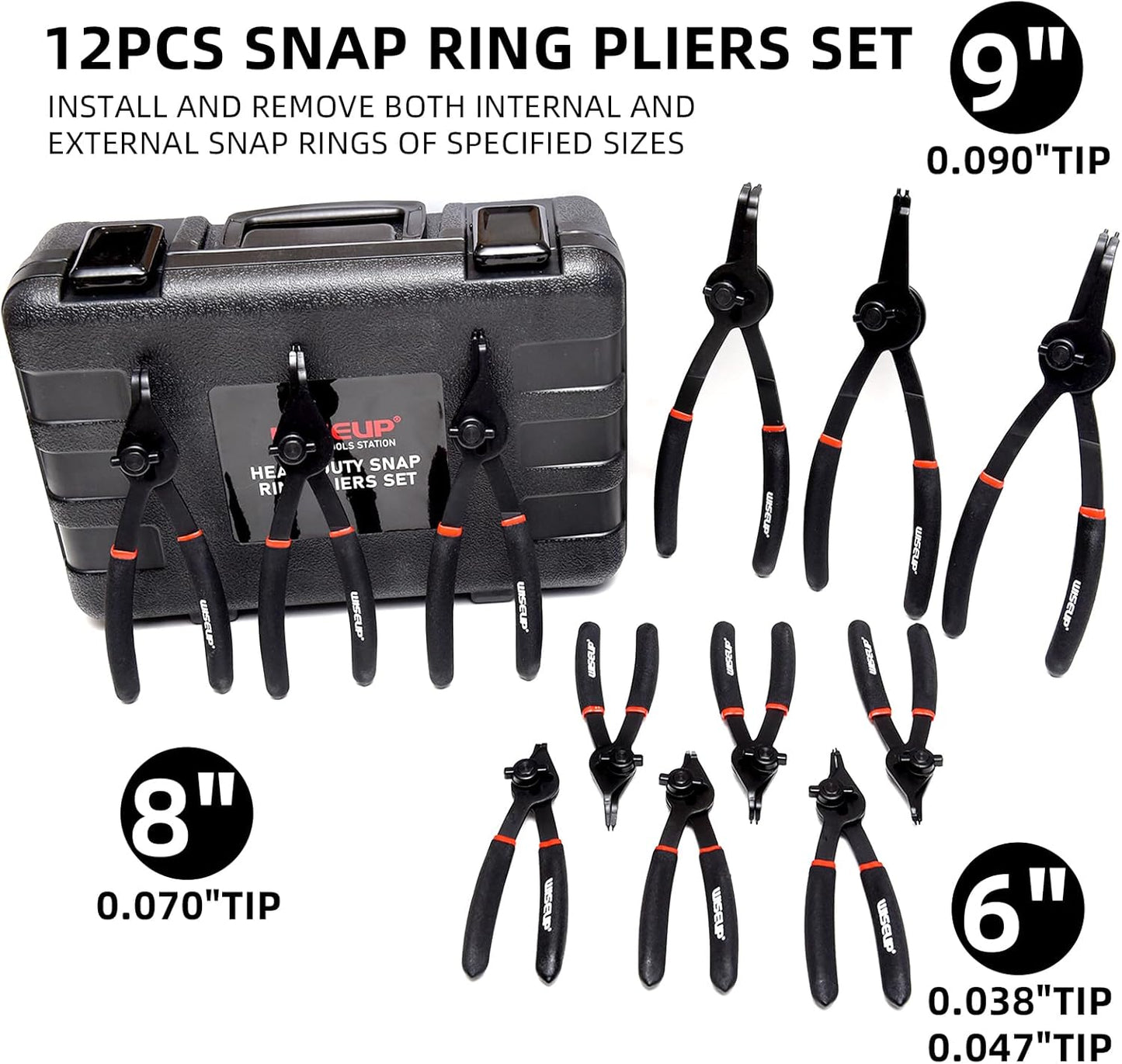 WISEUP 12 Pcs Snap Ring Pliers Set, Heavy Duty Internal/External Circlip Pliers Kit tool, Straight/Bent Jaw Tips with Storage Case for C-Clip Ring Remover