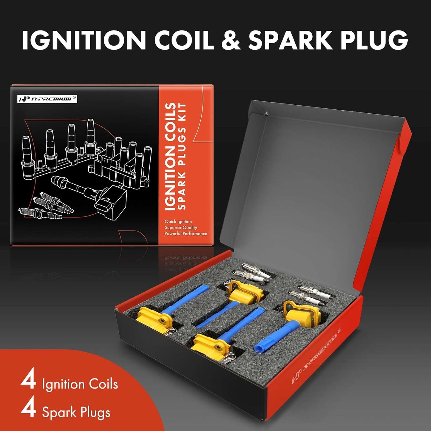 A-Premium (Yellow) Set of 8 Ignition Coil Pack and Iridium Spark Plugs Compatible with Volkswagen Passat 1998-1999, Golf 2002/2004-2005 & Audi A4 1997-2000, A4 Quattro 1997-2000, A8 Quattro 1997-1999