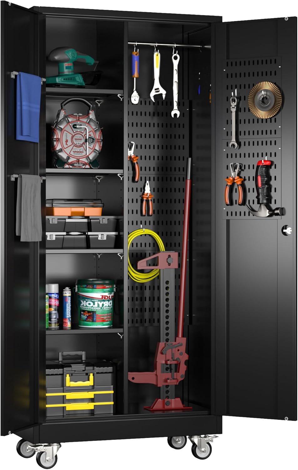 71" H Broom Storage Cabinet with Wheels and Doors,Rolling Tool Cabinet with Pegboard,Shelves and Rod for Garage Warehouse Home,Required Assembly,Black