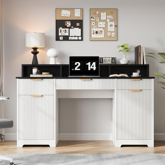 59" Executive Desk, Fluted Office Desk with Power Outlets Long Monitor Stand, Large Home Office Desks with 3 Drawers & 2 Storage Cabinet, Computer Writing Desk for Study Bedroom, White
