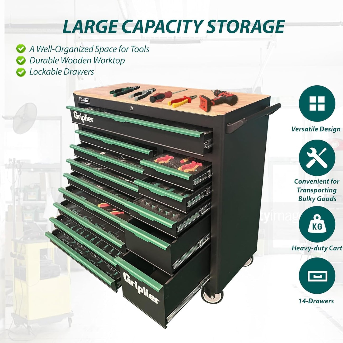 14-Drawers Rolling Tool Chest with Wood Workbench,Brake Casters,Lock & Key,Heavy-Duty Steel Tool Cabinet Storage, for Home,Garbge or Workshop Use (14 Drawer + 348 Pieces Tools)