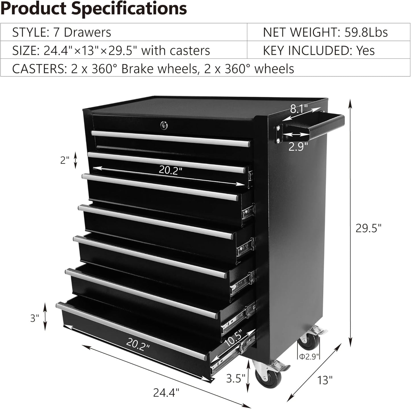 7 Drawers Rolling Tool Chest with Wheels, Portable Rolling Tool Box on Wheels, Tool Chest Organizer for Garage, Workshop, Home Crafts Use (Black-7 Drawers)