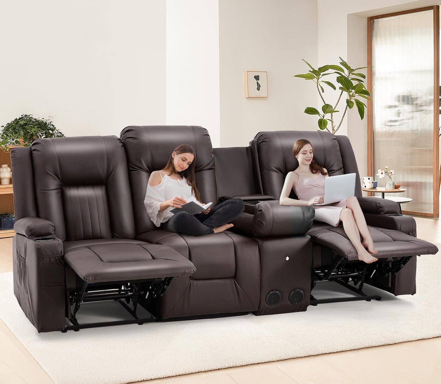 YODOLLA Massage Manual Recliner Chair with Heat, Leather Rocking Swivel Chair Lazy Boy Recliner Chair w/ 2 Side Pockages, 2 Cup Holders for Living Room, RV, Cream White