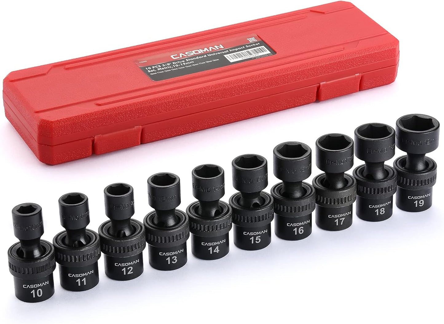 CASOMAN 10 PCS 1/2" Drive Deep Universal Impact Socket Set, Metric,10-19mm